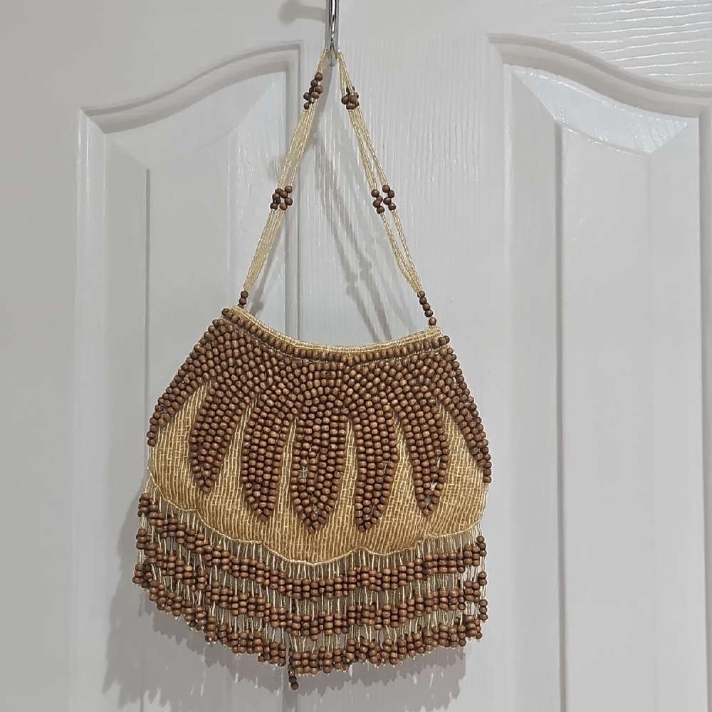Handmade Beaded Mini Shoulder Bag in Beige and Brown